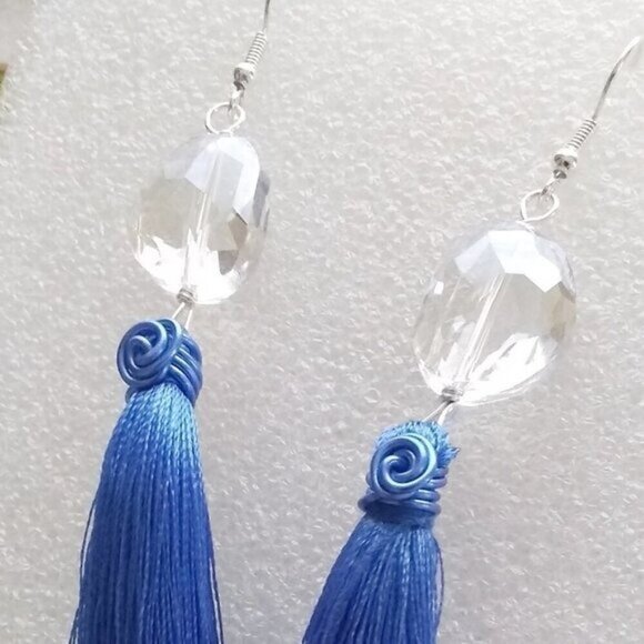 Shoulder Dusters! Extra Long Dangle Earrings - Faceted Clear Crystal + Tassels - Picture 6 of 7